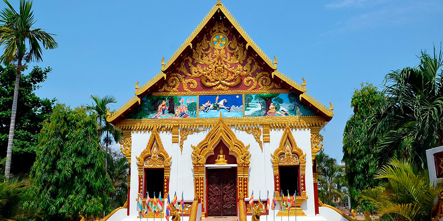 A  building with local architectural features in Pakse, Laos