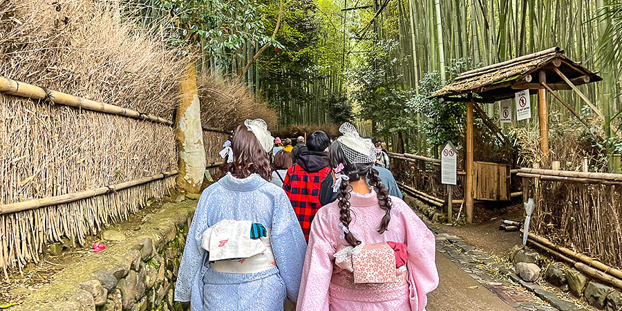 Arashiyama Bamboo Grove and girls in kimono
