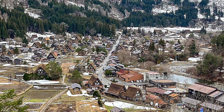 A panorama of Shirakawa-go in winter
