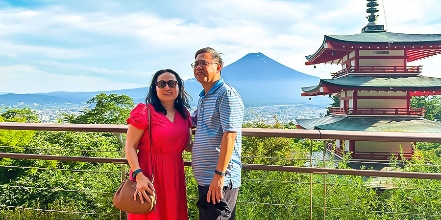 A Distant View of Mount Fuji at Arakurayama Sengen Park, Japan