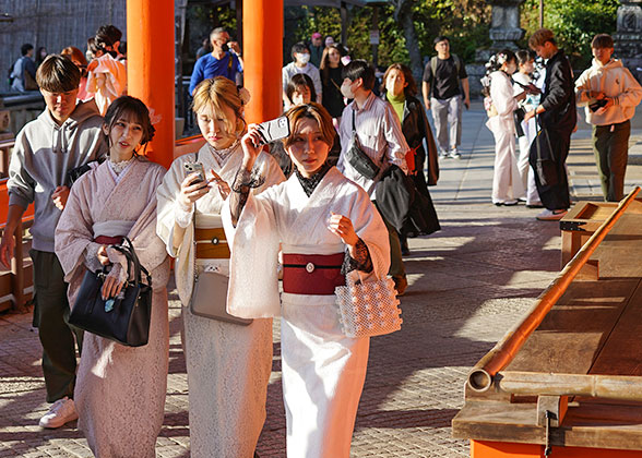 People Dressed in Traditional Japanese Clothes in Dazaifu Tenmangu Shrine