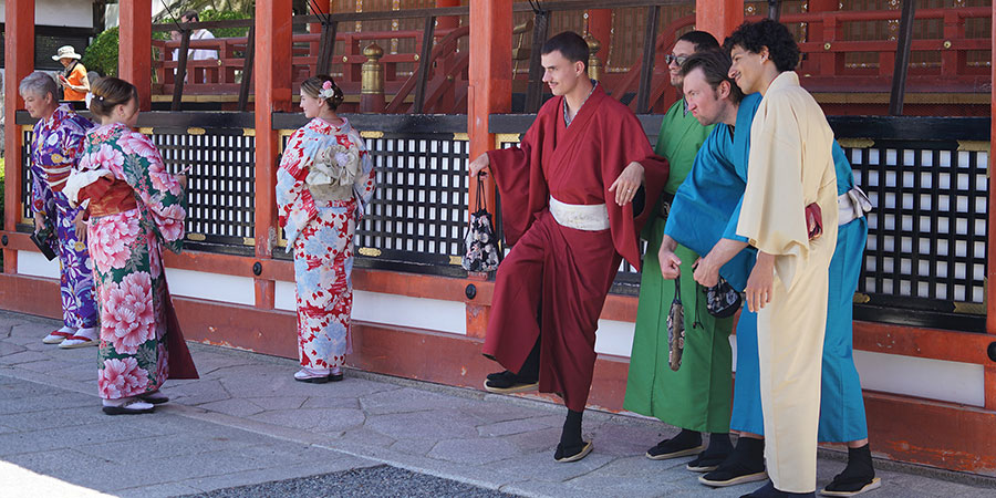 Visitors in Traditional Japanese Clothes in Dazaifu Tenmangu Shrine