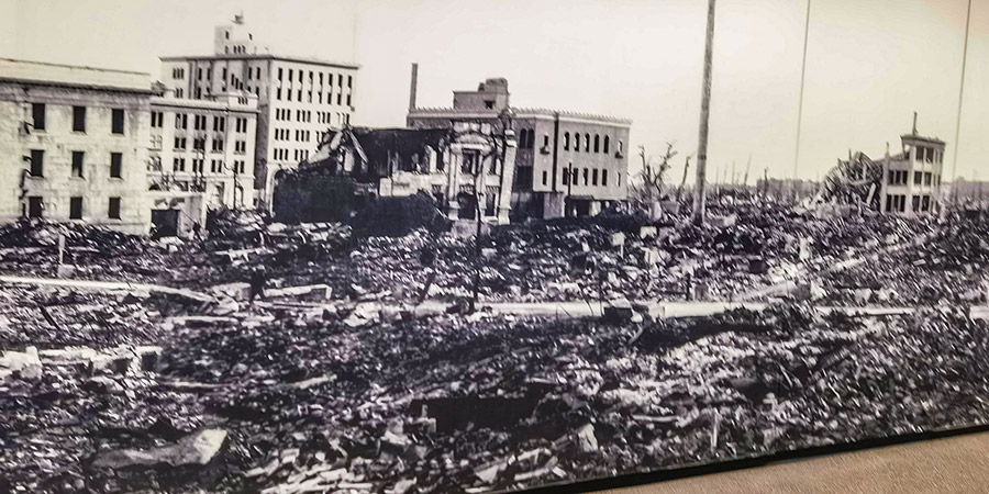 Exhibition panel about ruins in Hiroshima after atomic bombing