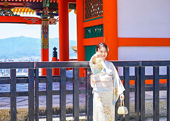 A tourist wearing kimonos on the streets of Hakodate