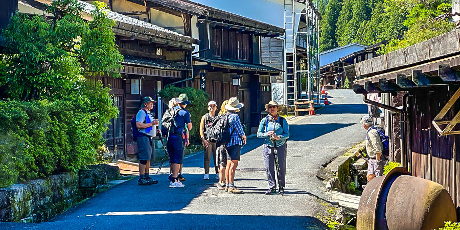 Hikers at Tsumago, Nakasendo Way, Japan