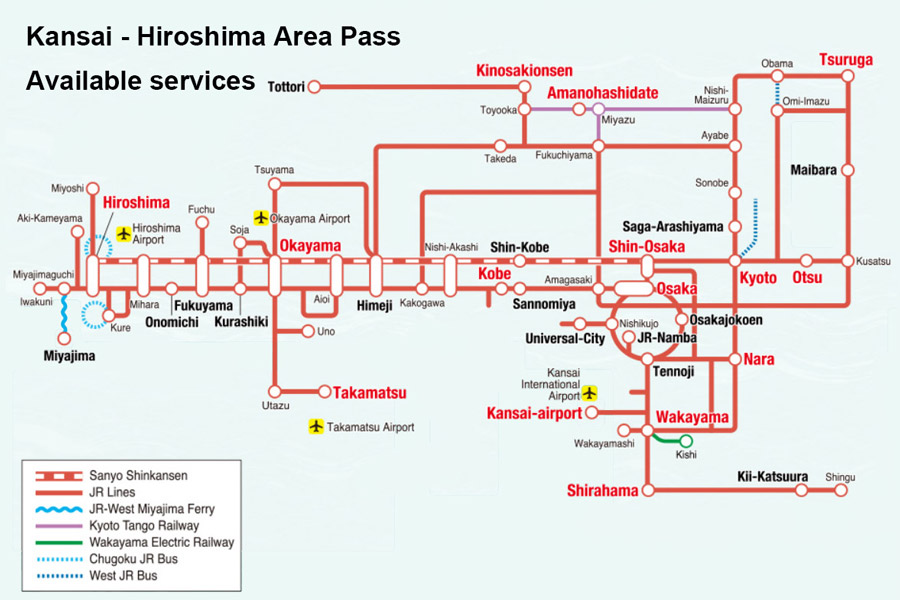 Available services of Kansai - Hiroshima Area Pass