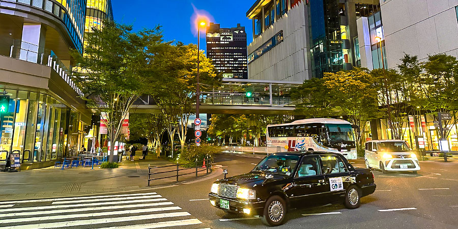 A Taxi in Osaka's Umeda Area at Night