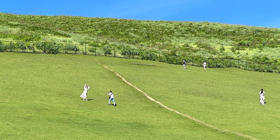 Visitors are playing on the mountainside