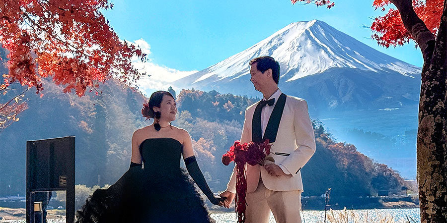 Mount Fuji in Autumn with Red Leaves
