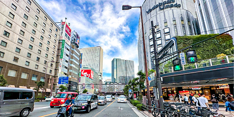 Street View from North Midosuji Exit, with Yodobashi Camera Umeda on the Right