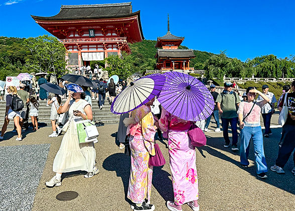 Visitors in Kimonos in Kiyomizu-dera Temple