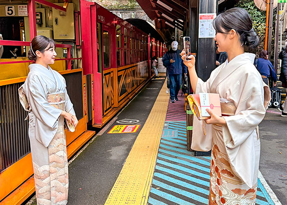 Kimono Girls outside Sightseeing Train