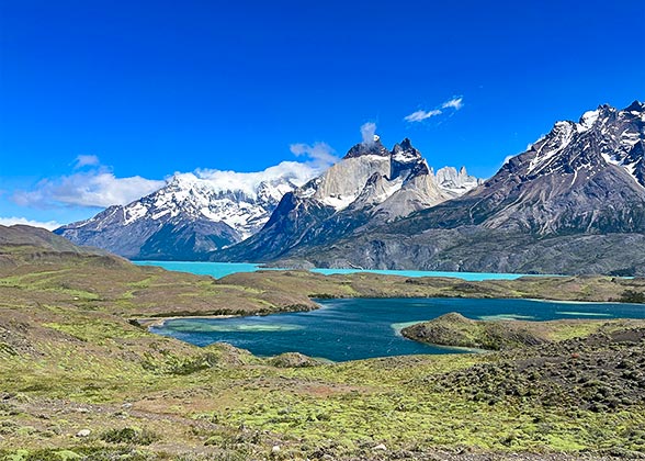 Mirror-like Lake Pehoe, Puerto Natales in Chile